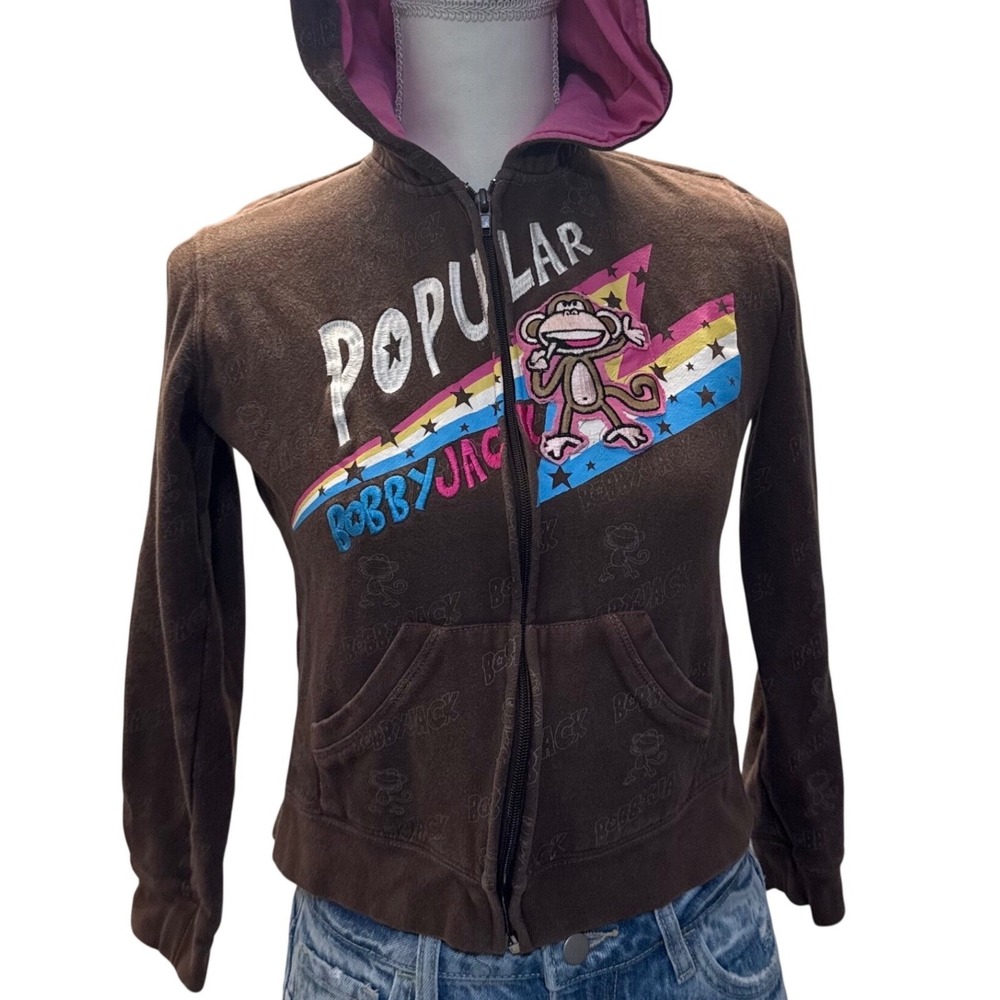 Vintage Y2K Bobby Jack Zip Up Brown Velour Hoodie Sweatshirt Women's XS 2000s